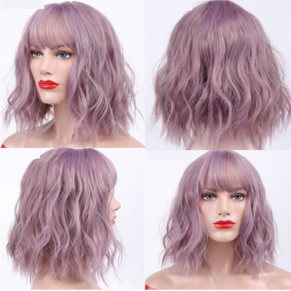 12" Dusty Rose Lilac Wavy Thick Wig w Bangs SPRING
